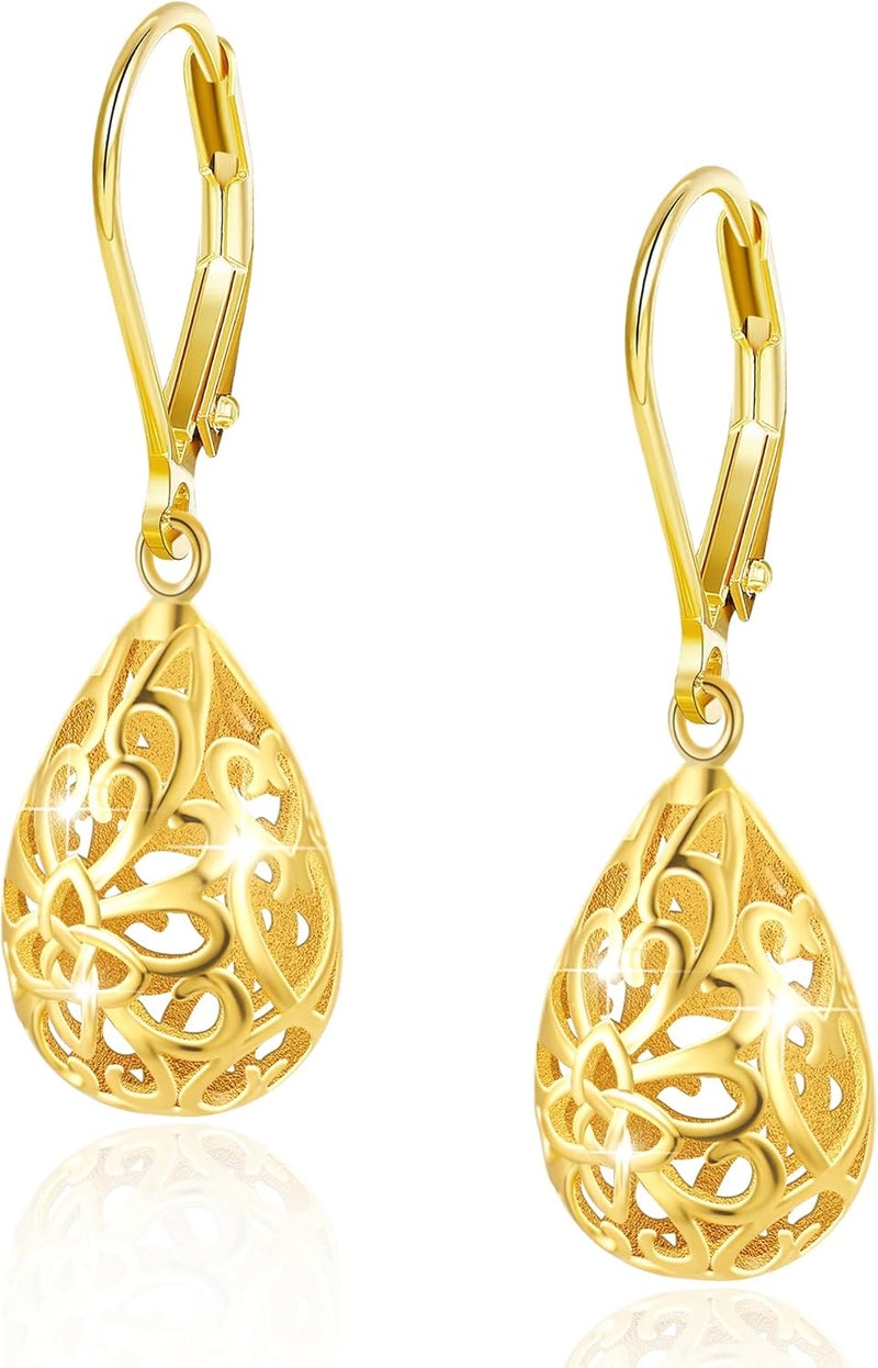 Lancharmed 925 Sterling Silver 14K Gold French Style Leverback Earrings, Heart Dangle Drop Earrings for Women Hypoallergenic Jewelry - Image 1